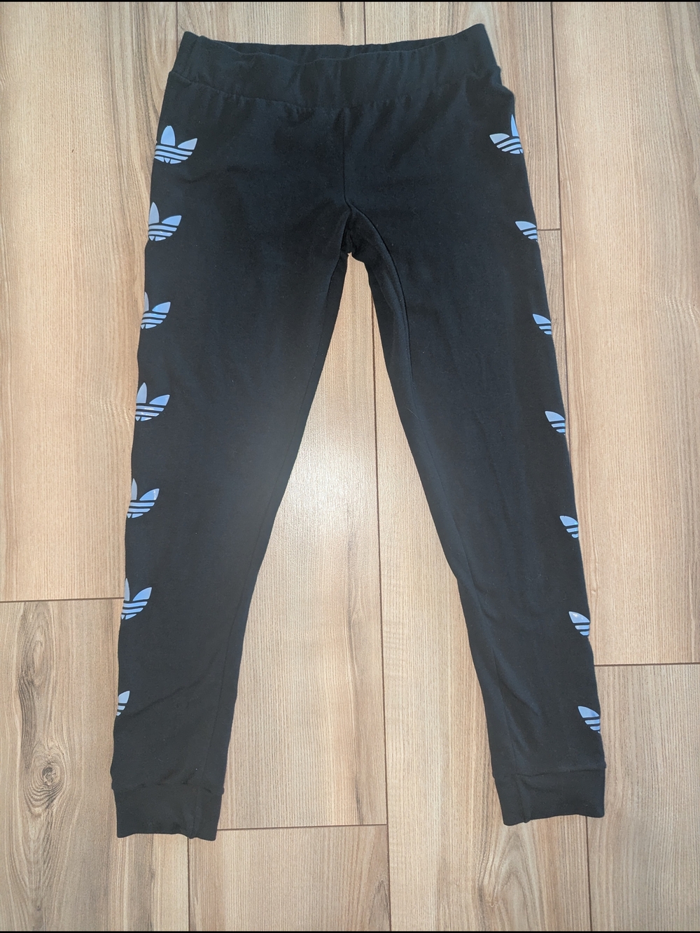 adidas Black Leggings with Light Blue Trefoil Side Logos